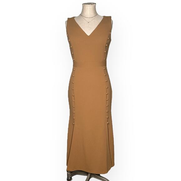 New CALVIN KLEIN Flounce Peplum Mermaid Midi Dress V-Neck Brown Career Office 2 - Picture 3 of 13